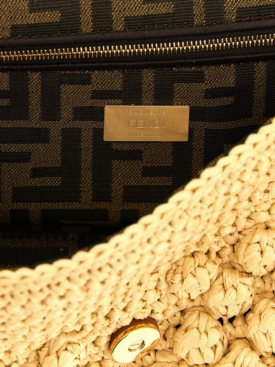 Fendi Baguette Medium Shoulder Bag For Women Elegant Raffia Texture Calfskin Leather Magnetic Closure Inside Pocket