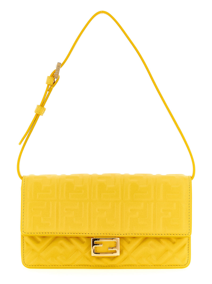 Fendi Baguette Wallet On Chain Yellow Lamb Leather With FF Embossed 3D Pattern For Women