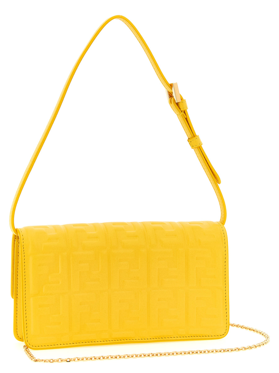 Fendi Baguette Wallet On Chain Yellow Lamb Leather With FF Embossed 3D Pattern For Women