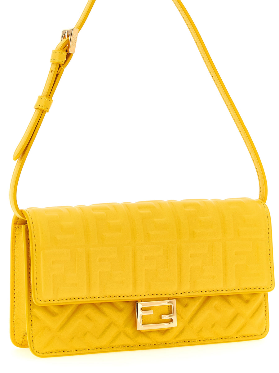 Fendi Baguette Wallet On Chain Yellow Lamb Leather With FF Embossed 3D Pattern For Women