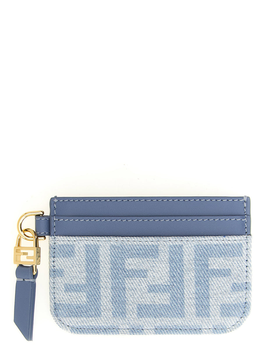 Fendi Baguette Card Holder Blue Denim with FF Monogram Leather for Women Luxury Compact Accessory