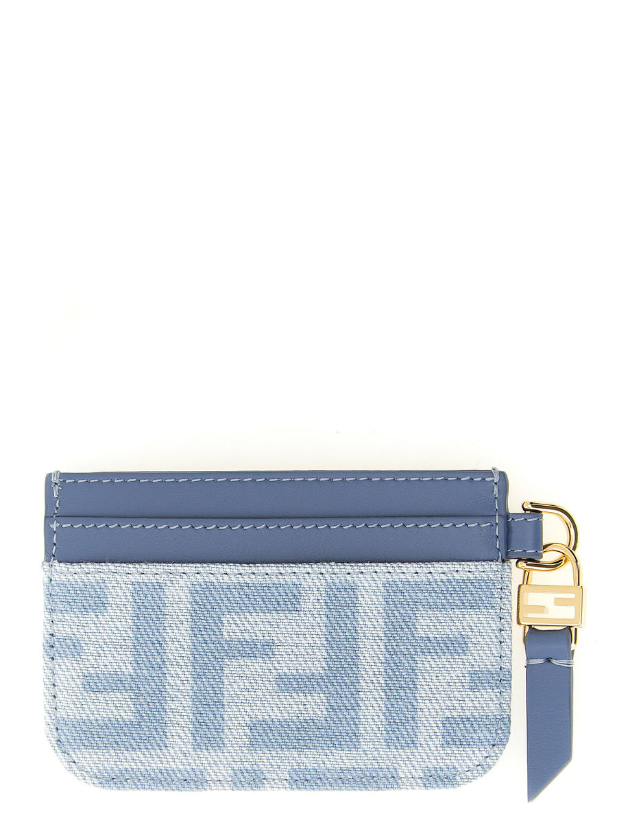 Fendi Baguette Card Holder Blue Denim with FF Monogram Leather for Women Luxury Compact Accessory