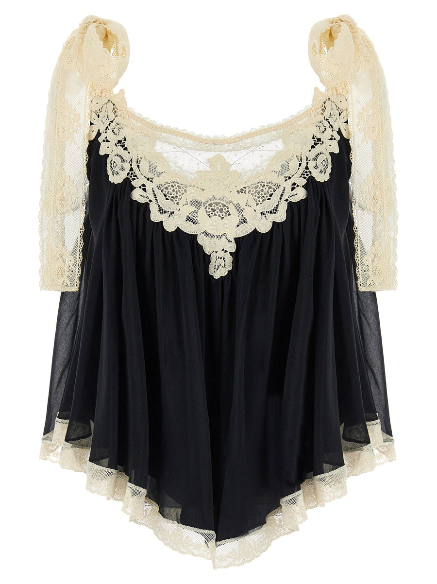 Zimmermann Roselight Cotton Silk Blend Top With Lace Inserts And Bow Straps