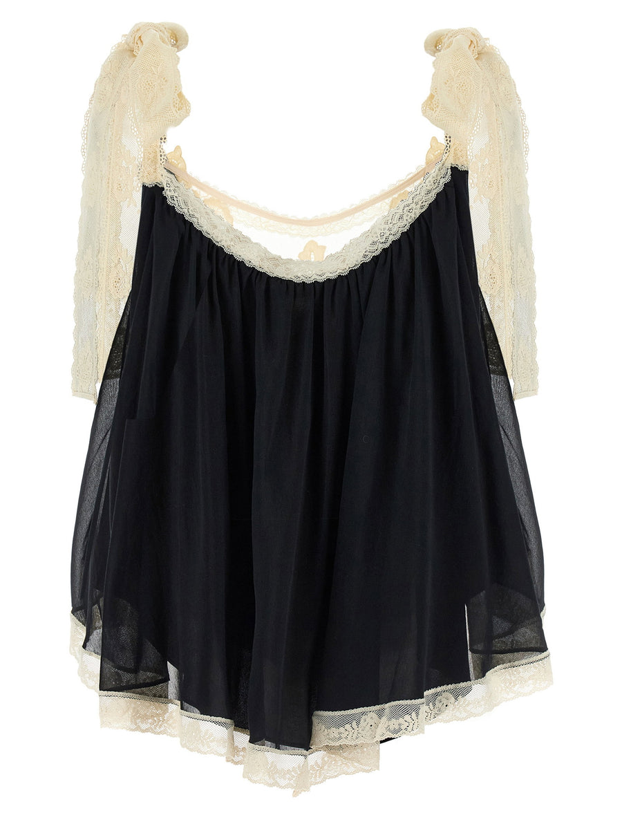 Zimmermann Roselight Cotton Silk Blend Top With Lace Inserts And Bow Straps