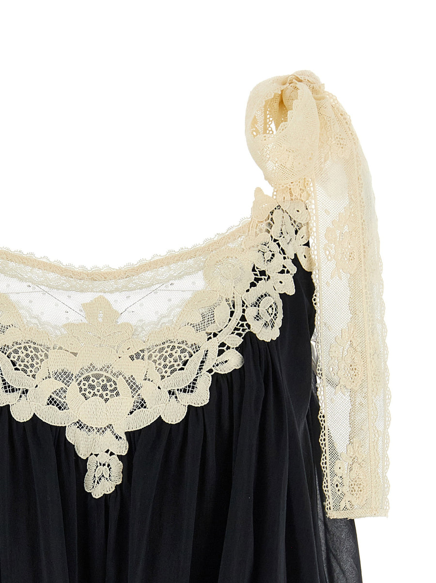 Zimmermann Roselight Cotton Silk Blend Top With Lace Inserts And Bow Straps