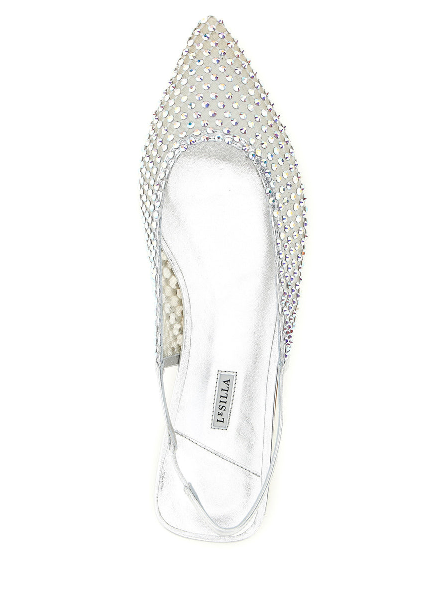 Le Silla Gilda Crystal Embellished Silver Mesh Ballet Flats Slingback