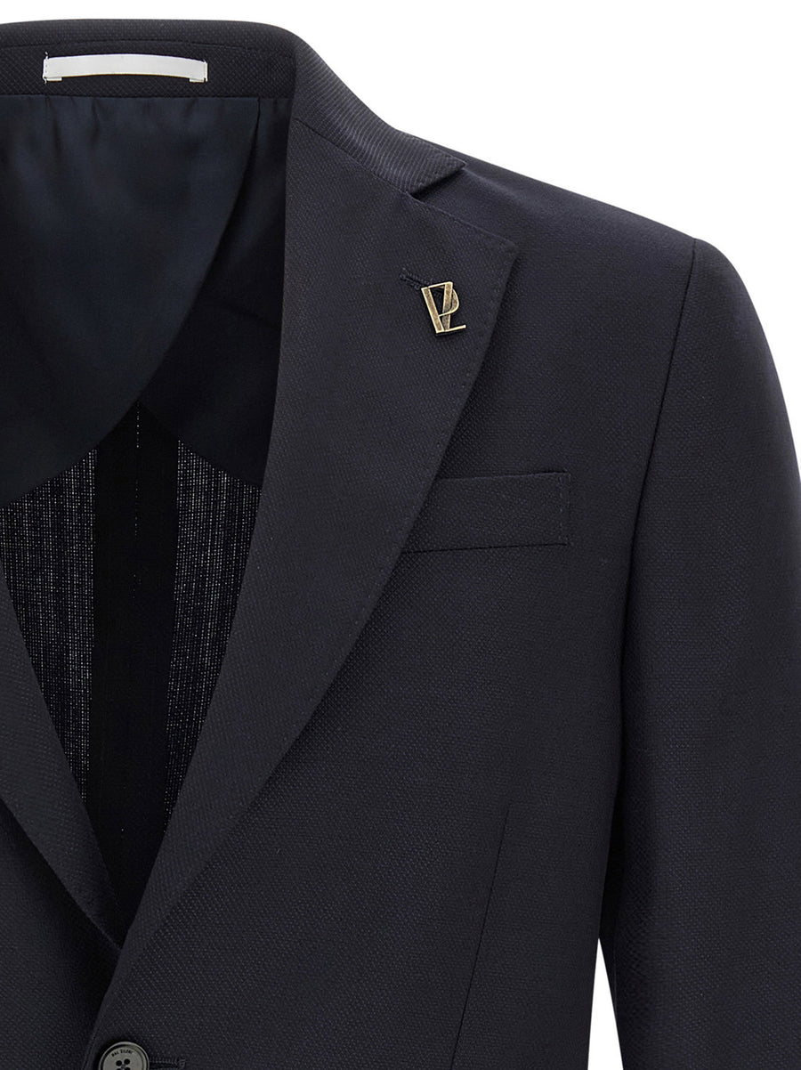Pal Zileri Baron Blazer Blue Pique Wool Deconstructed Tailoring With Mirror Lapels And Removable Brooch For Women