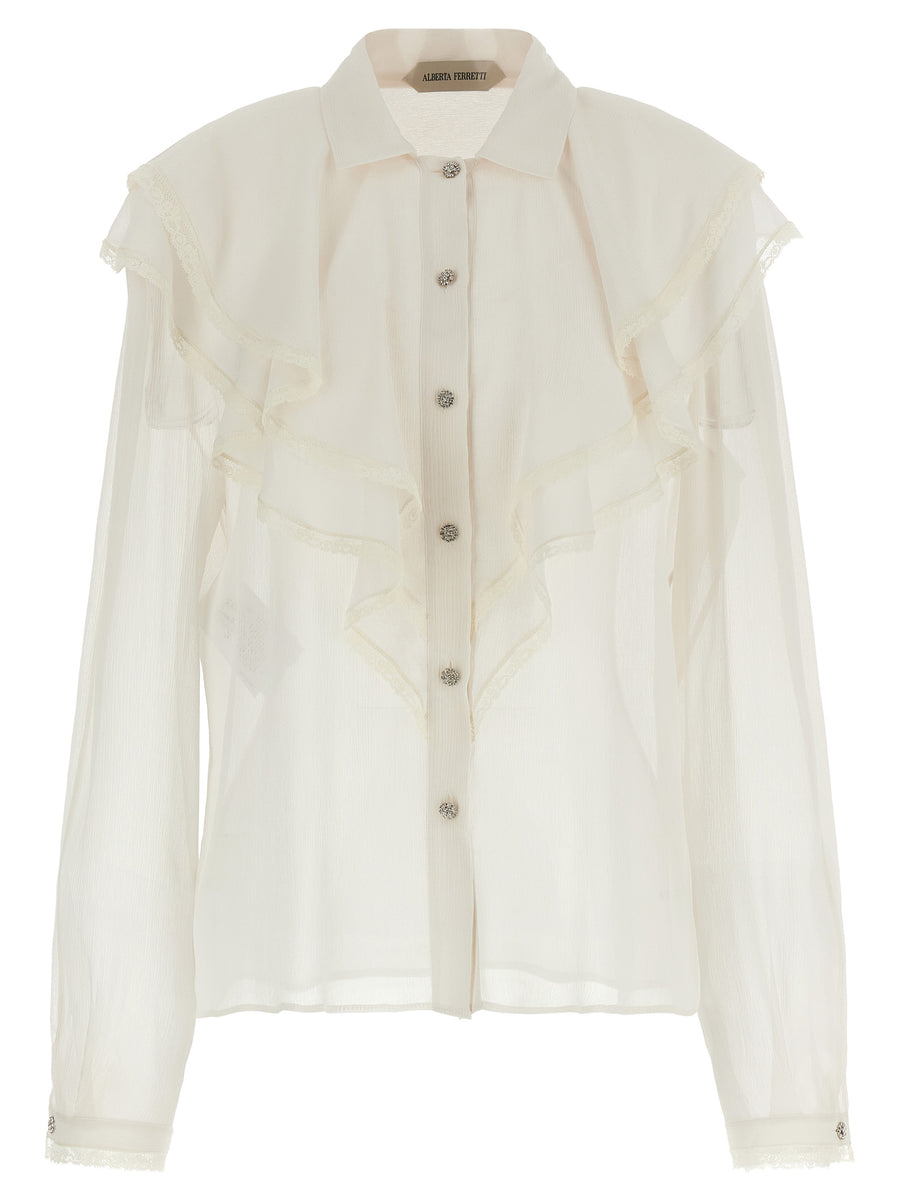 Alberta Ferretti Silk Shirt For Women Luxury Beige Creponne With Lace Piping Flounces Front Jewel Button Closure
