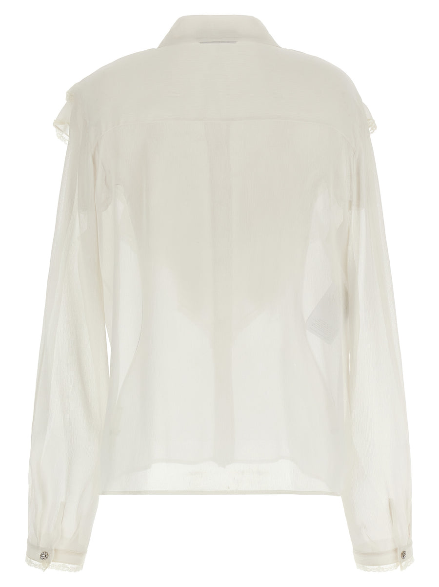 Alberta Ferretti Silk Shirt For Women Luxury Beige Creponne With Lace Piping Flounces Front Jewel Button Closure