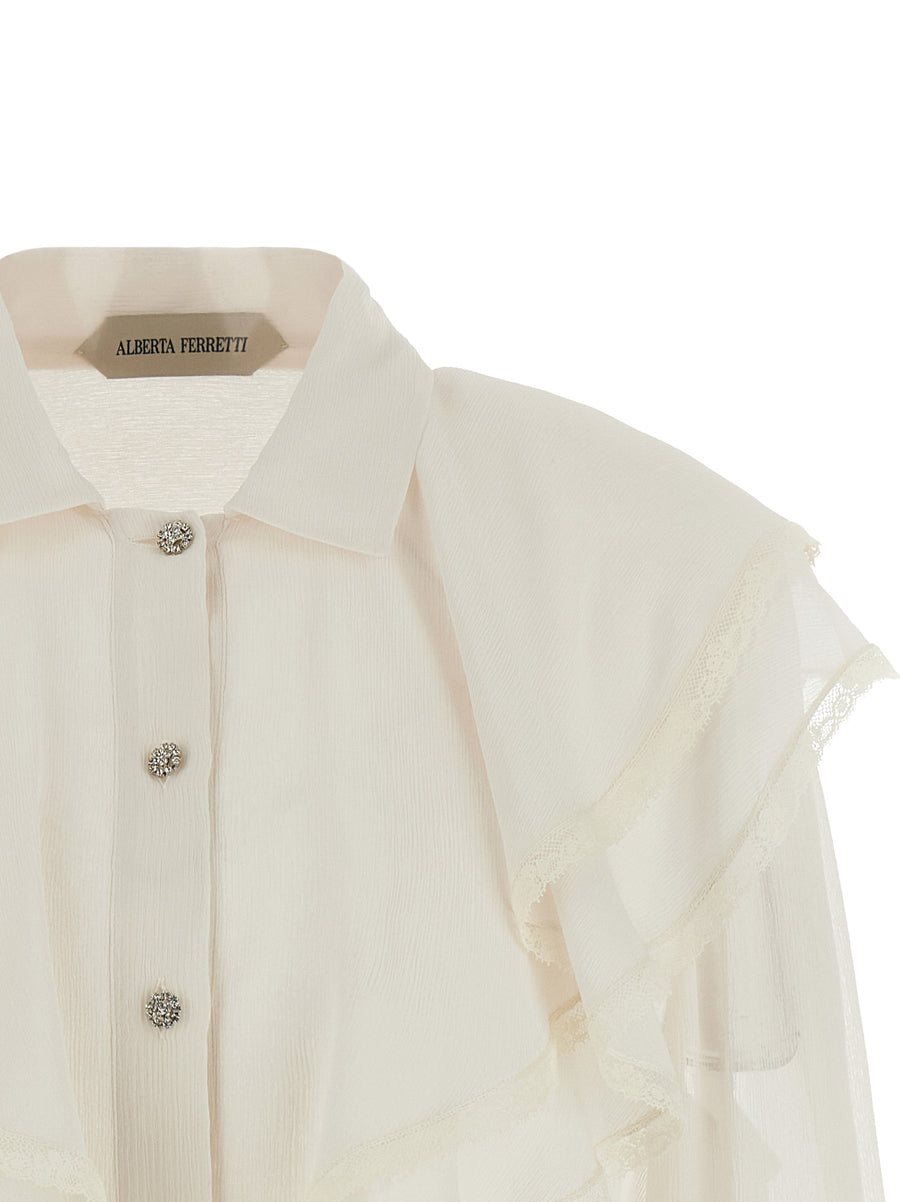 Alberta Ferretti Silk Shirt For Women Luxury Beige Creponne With Lace Piping Flounces Front Jewel Button Closure