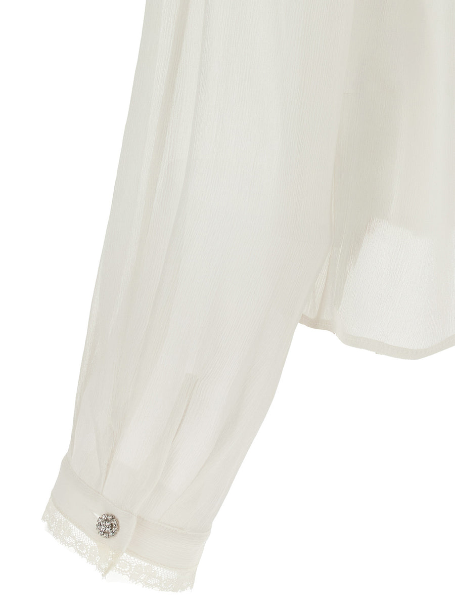 Alberta Ferretti Silk Shirt For Women Luxury Beige Creponne With Lace Piping Flounces Front Jewel Button Closure