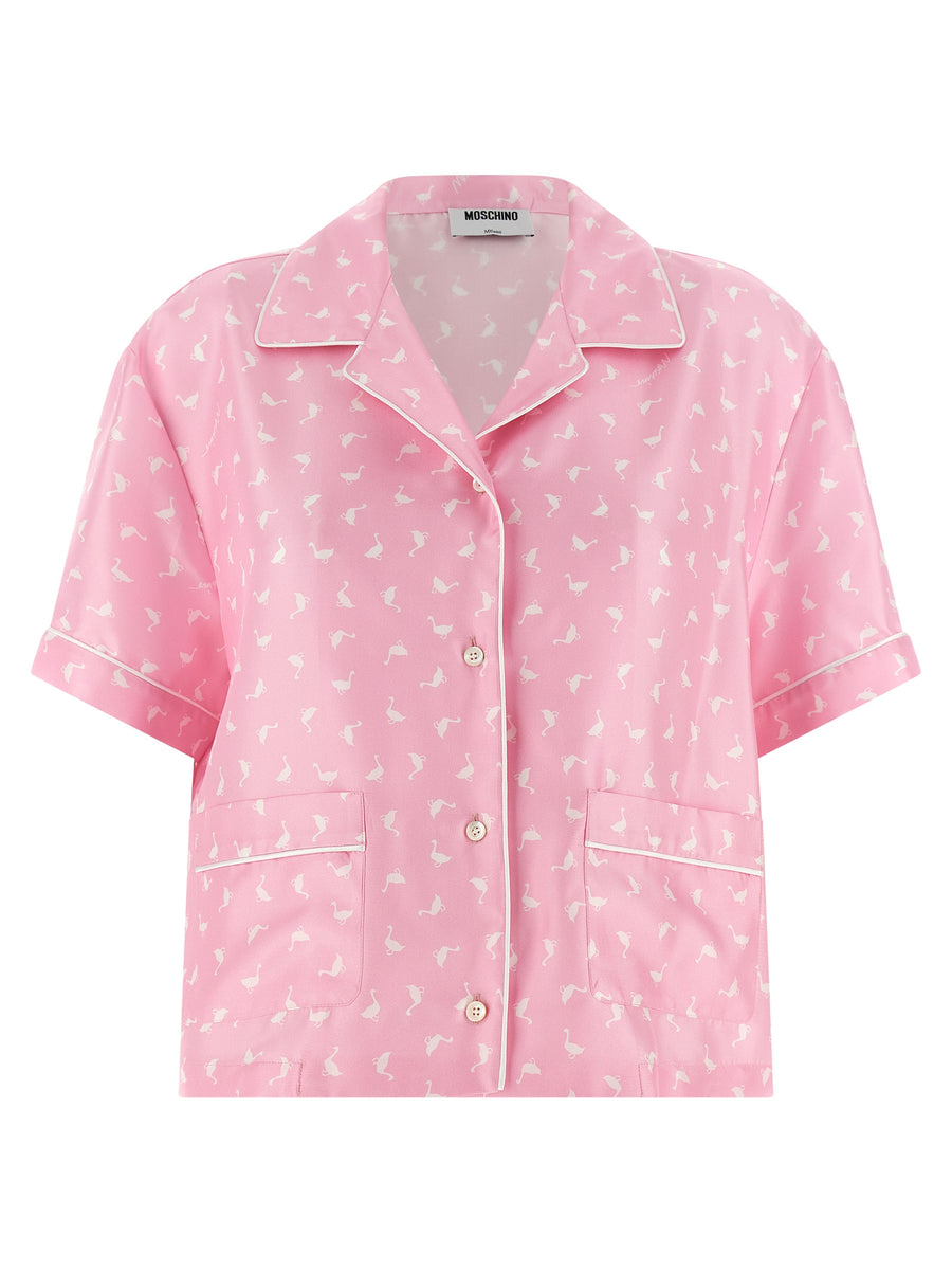 Moschino Silk Goose Shirt for Women Pink Print Pajama Crop Silk Twill Top Luxurious and Modern