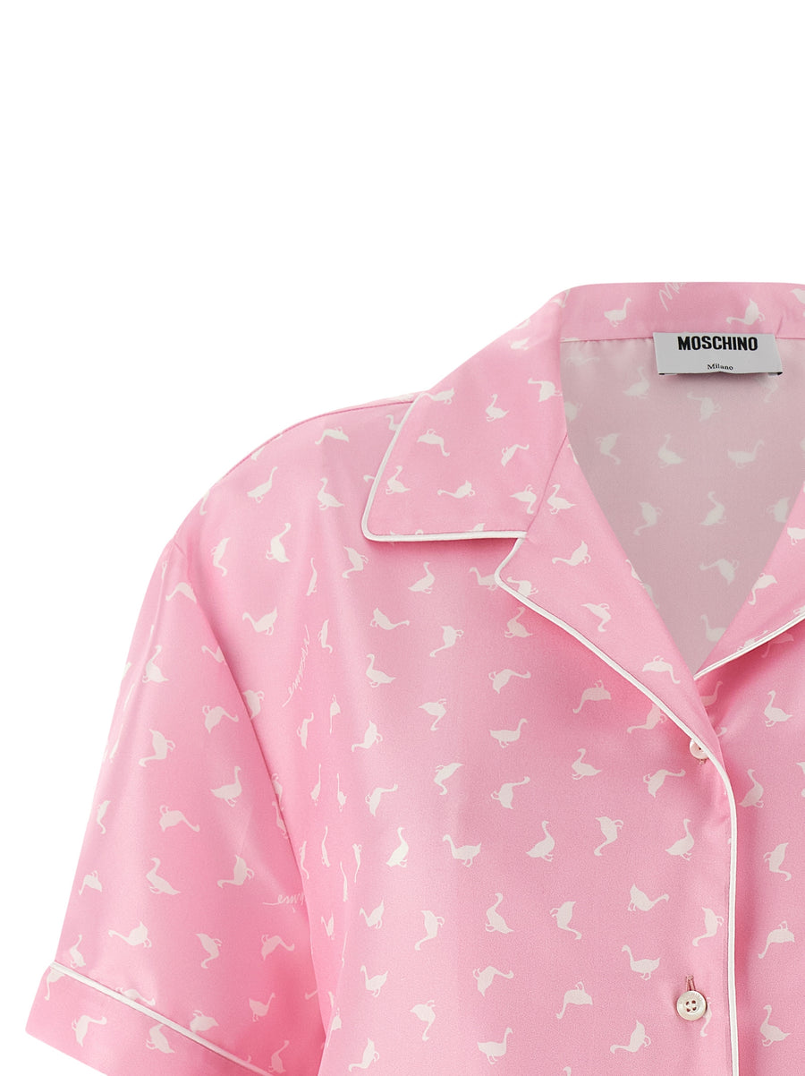 Moschino Silk Goose Shirt for Women Pink Print Pajama Crop Silk Twill Top Luxurious and Modern