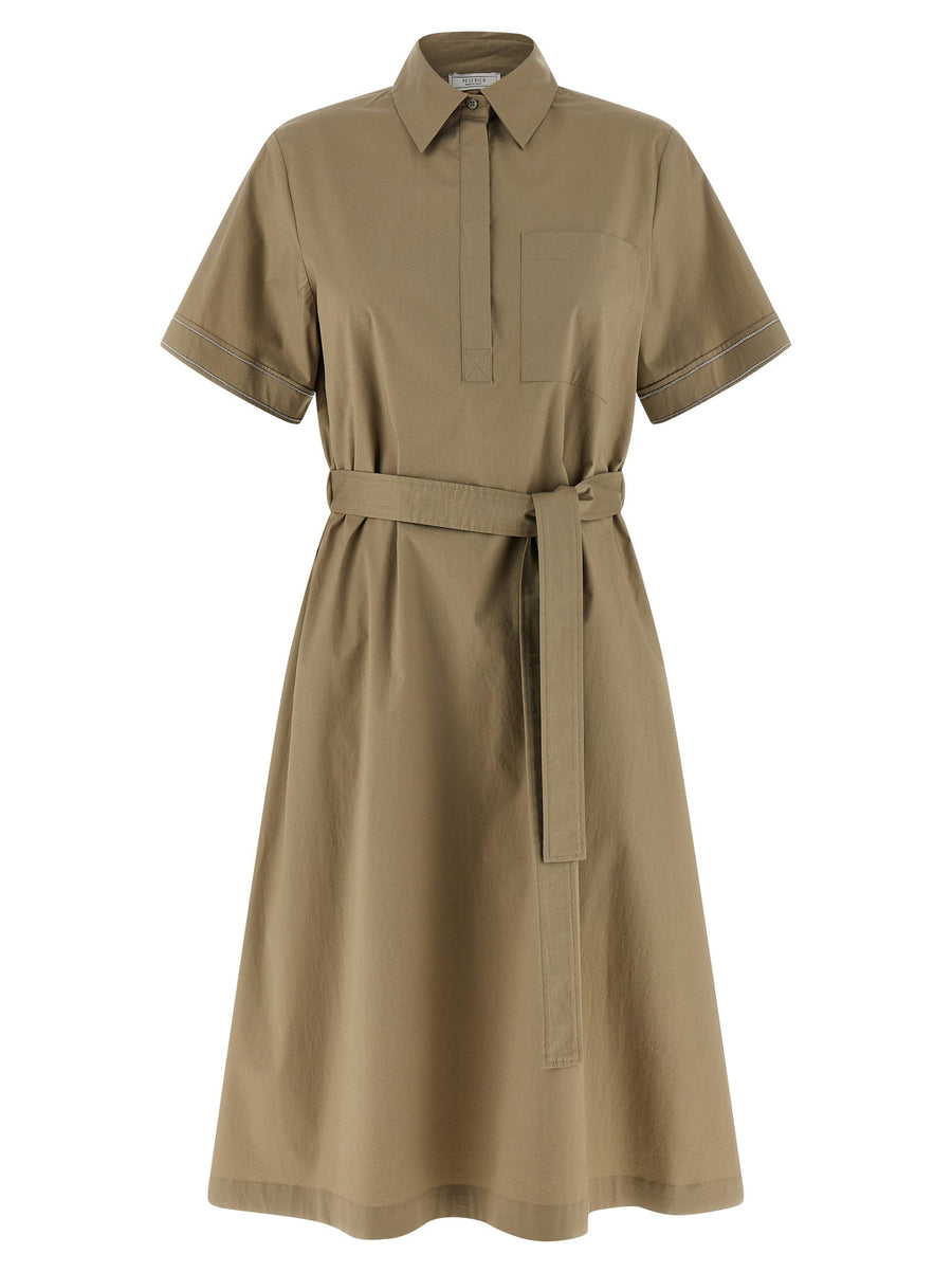Peserico Elegant Green Cotton Poplin Chemisier Midi Dress With Front Button Closure For Women