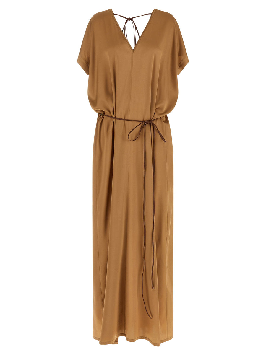 Di.la3 Pari Riky Silk Satin Dress Beige For Women With V-Neck Front And Back Elastic Back Waist Leather Tie Back Split