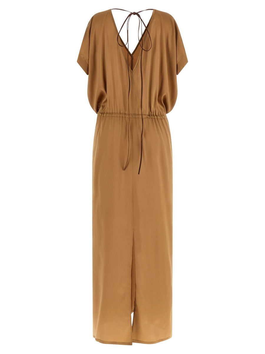 Di.la3 Pari Riky Silk Satin Dress Beige For Women With V-Neck Front And Back Elastic Back Waist Leather Tie Back Split