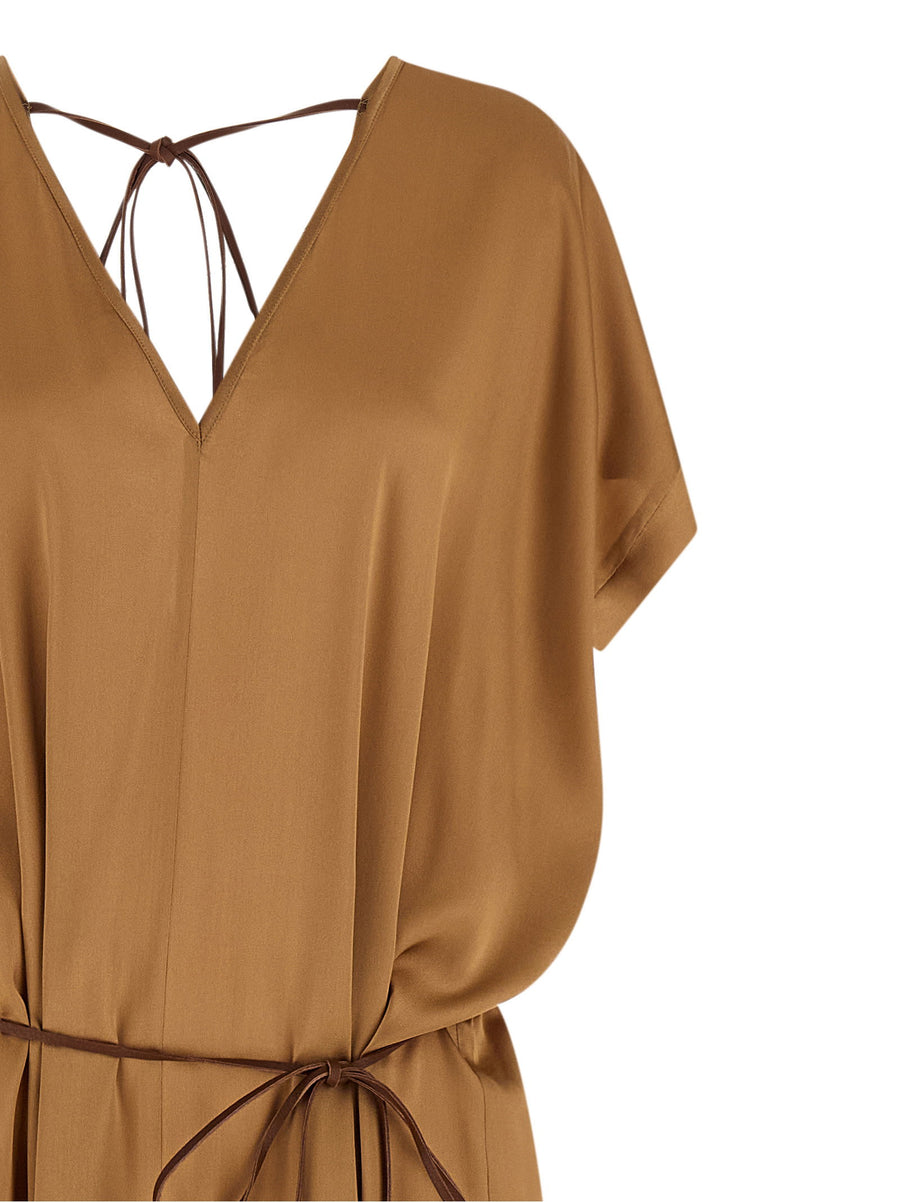 Di.la3 Pari Riky Silk Satin Dress Beige For Women With V-Neck Front And Back Elastic Back Waist Leather Tie Back Split
