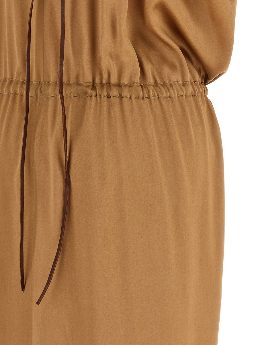 Di.la3 Pari Riky Silk Satin Dress Beige For Women With V-Neck Front And Back Elastic Back Waist Leather Tie Back Split