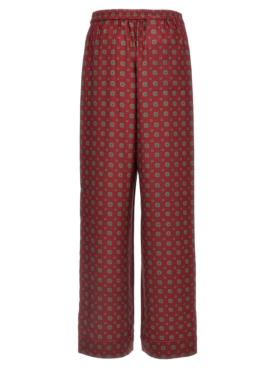 Moschino Patterned Silk Trousers for Women, Bordeaux Pattern, Elastic Waist, Pockets, Luxe Statement