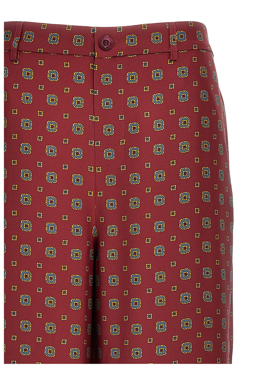 Moschino Patterned Silk Trousers for Women, Bordeaux Pattern, Elastic Waist, Pockets, Luxe Statement