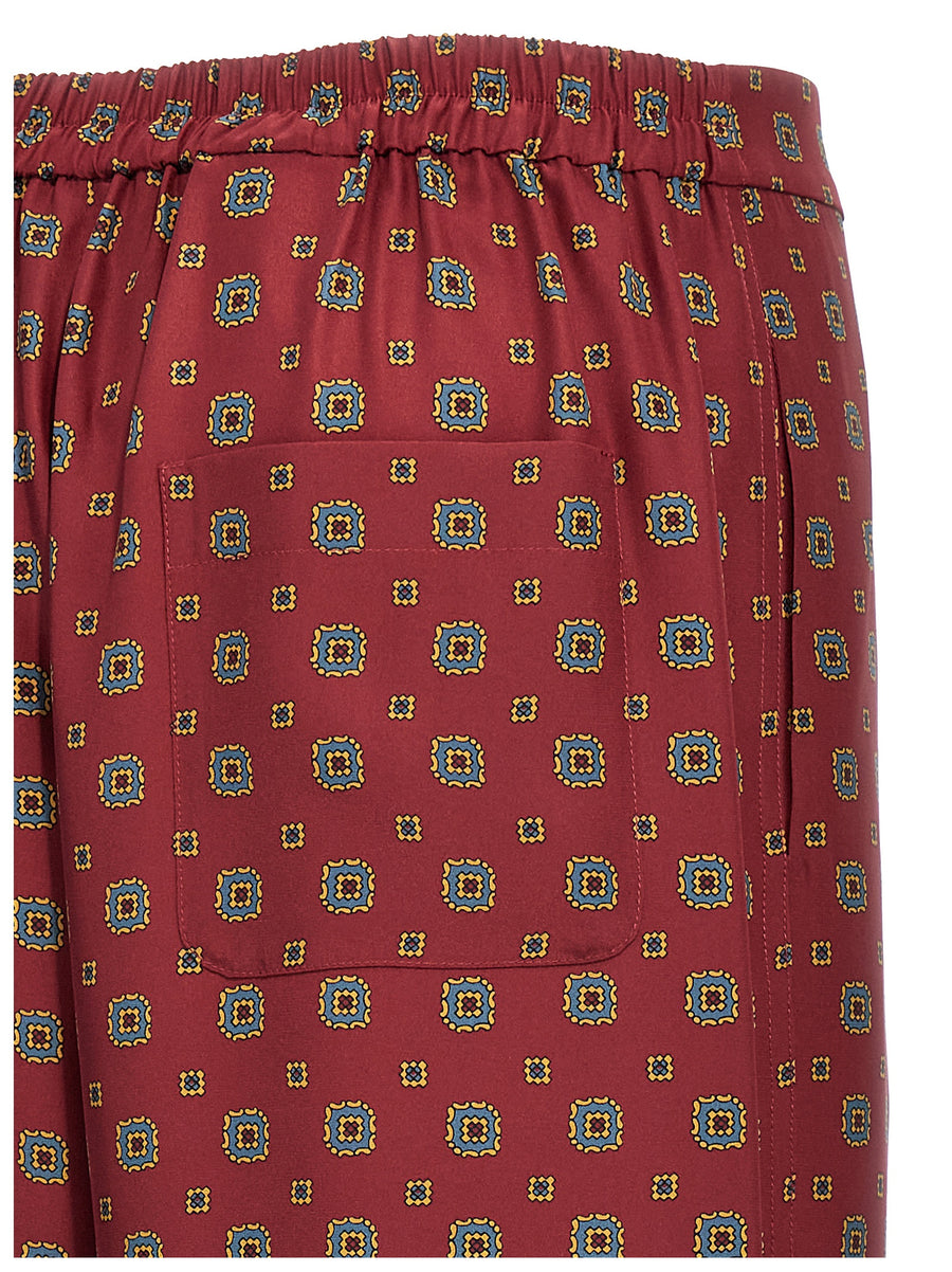 Moschino Patterned Silk Trousers for Women, Bordeaux Pattern, Elastic Waist, Pockets, Luxe Statement