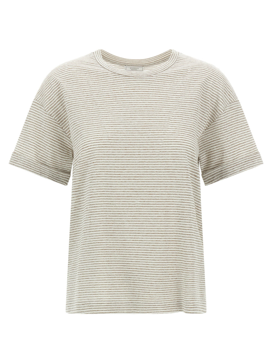 Peserico Lamé Stripes T Shirt For Women Breathable Linen Cotton With Subtle Shine
