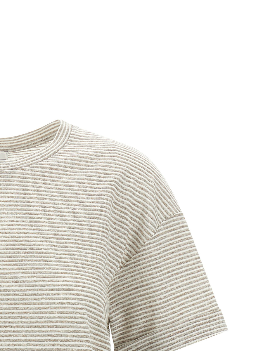 Peserico Lamé Stripes T Shirt For Women Breathable Linen Cotton With Subtle Shine