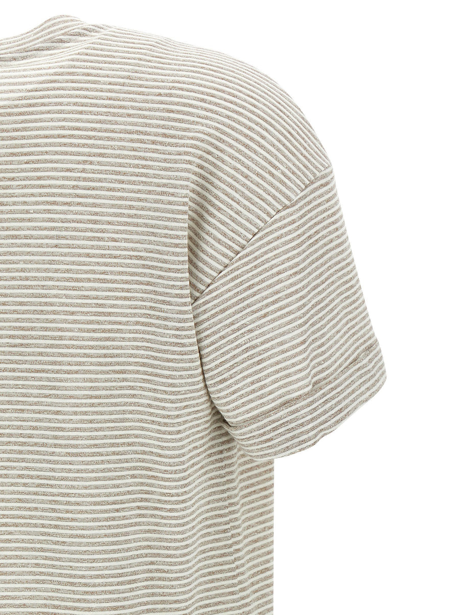 Peserico Lamé Stripes T Shirt For Women Breathable Linen Cotton With Subtle Shine