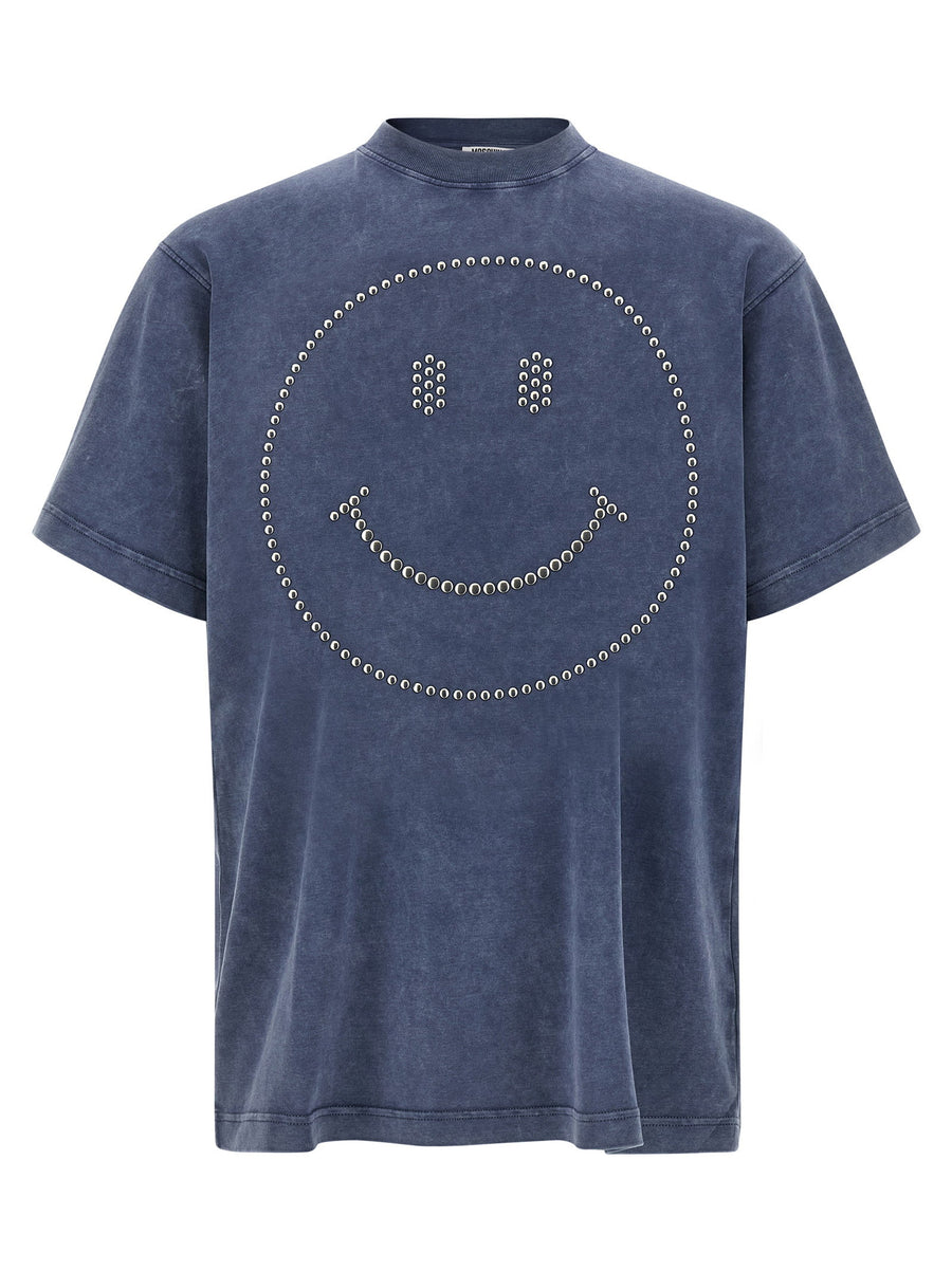 Moschino Smiley T Shirt For Men Bold Blue Heavy Cotton Crew Neck With Stud Applique And Back Embroidery