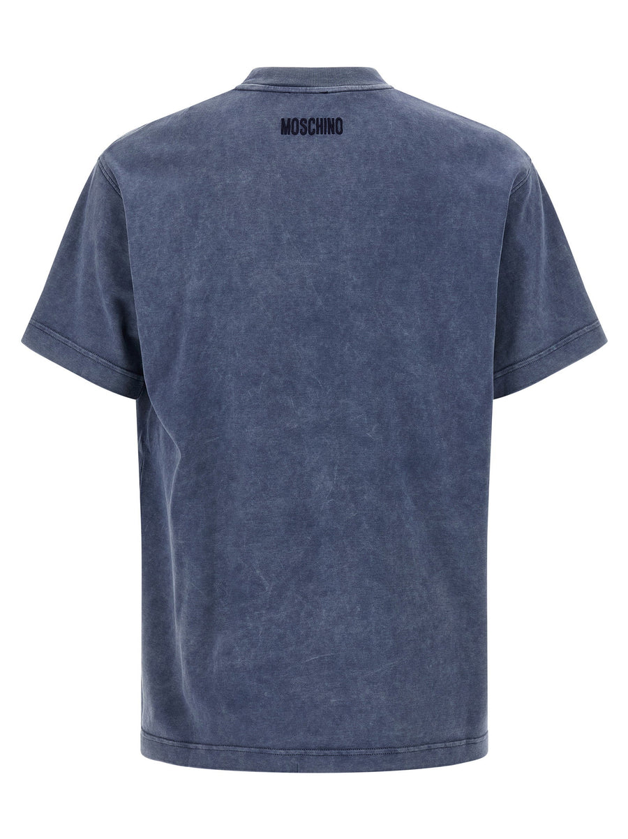 Moschino Smiley T Shirt For Men Bold Blue Heavy Cotton Crew Neck With Stud Applique And Back Embroidery