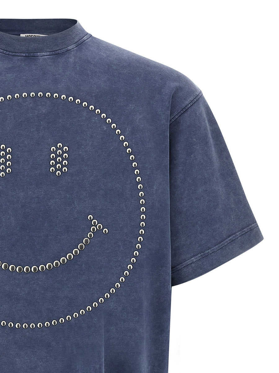 Moschino Smiley T Shirt For Men Bold Blue Heavy Cotton Crew Neck With Stud Applique And Back Embroidery