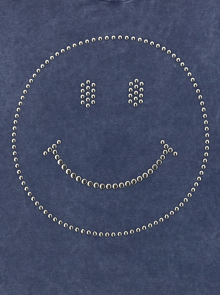 Moschino Smiley T Shirt For Men Bold Blue Heavy Cotton Crew Neck With Stud Applique And Back Embroidery