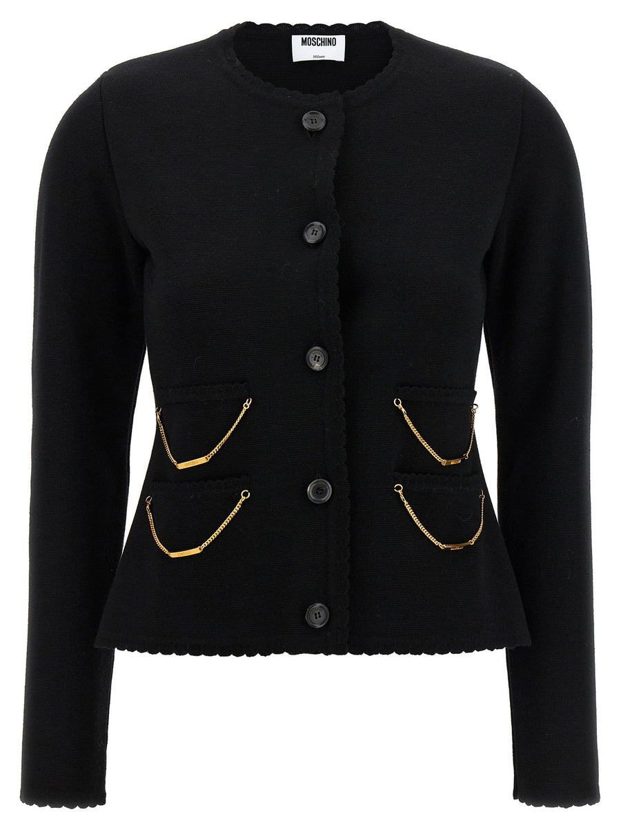 Moschino Chain Cardigan For Women Luxurious Virgin Wool Black With Distinctive Chain Detail For Refined Layering