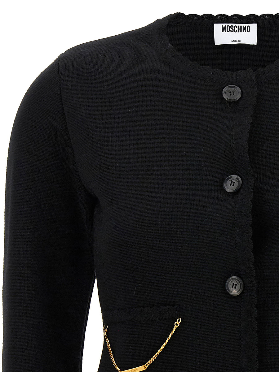 Moschino Chain Cardigan For Women Luxurious Virgin Wool Black With Distinctive Chain Detail For Refined Layering