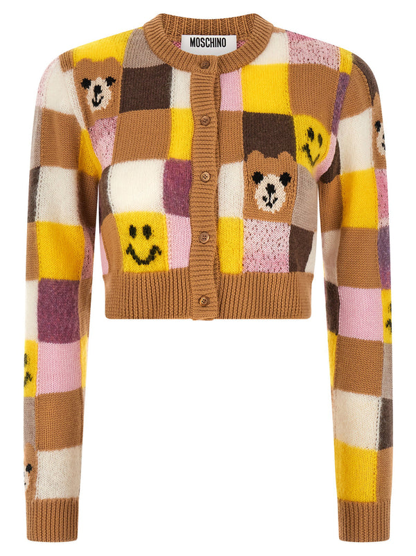 Smiley Teddy Bear Cardigan By Moschino For Women Wool Cashmere Blend Cropped Check Intarsia Front Button Closure