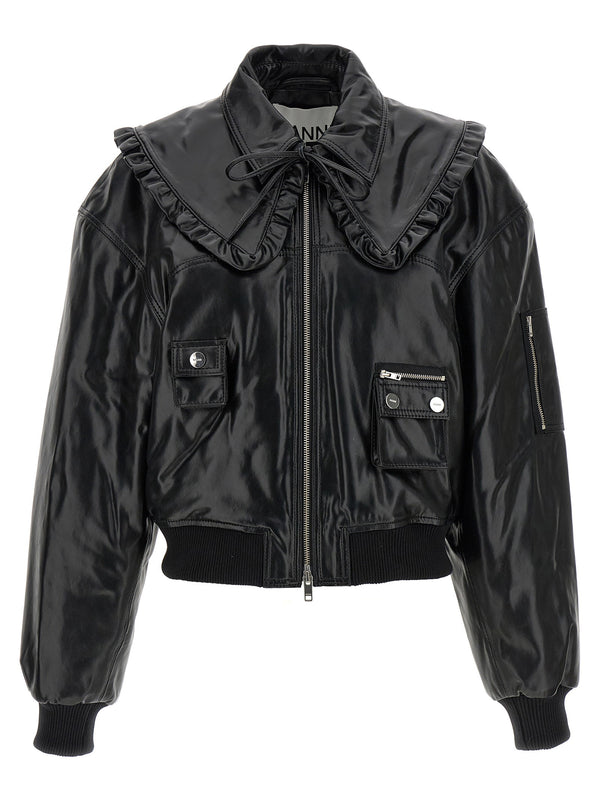 Ganni 7093 Future Bomber Jacket Black Leather Effect