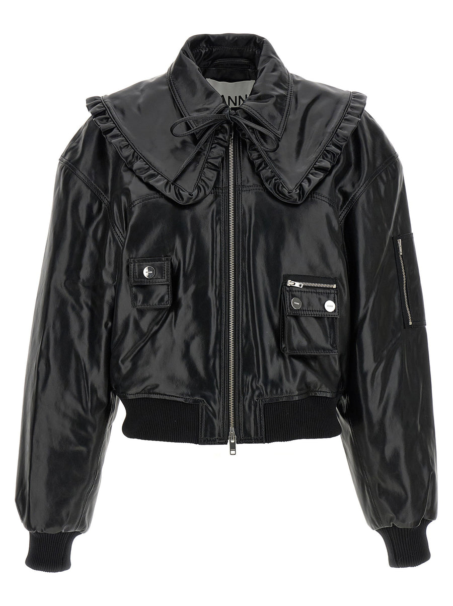 Ganni 7093 Future Bomber Jacket Black Leather Effect