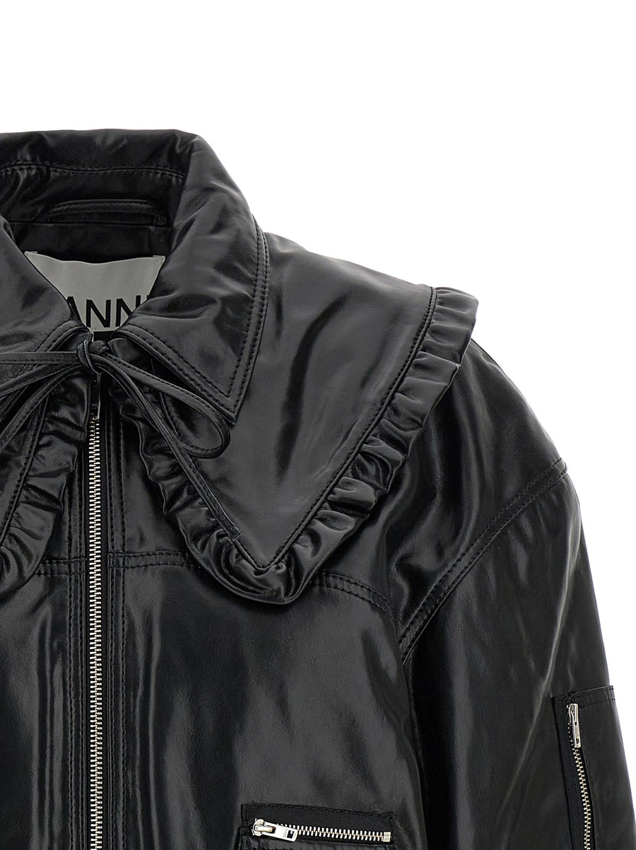 Ganni 7093 Future Bomber Jacket Black Leather Effect