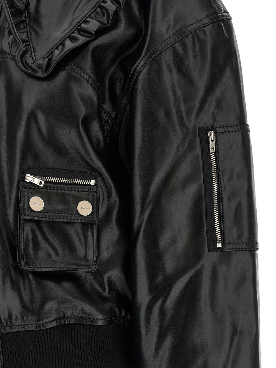 Ganni 7093 Future Bomber Jacket Black Leather Effect