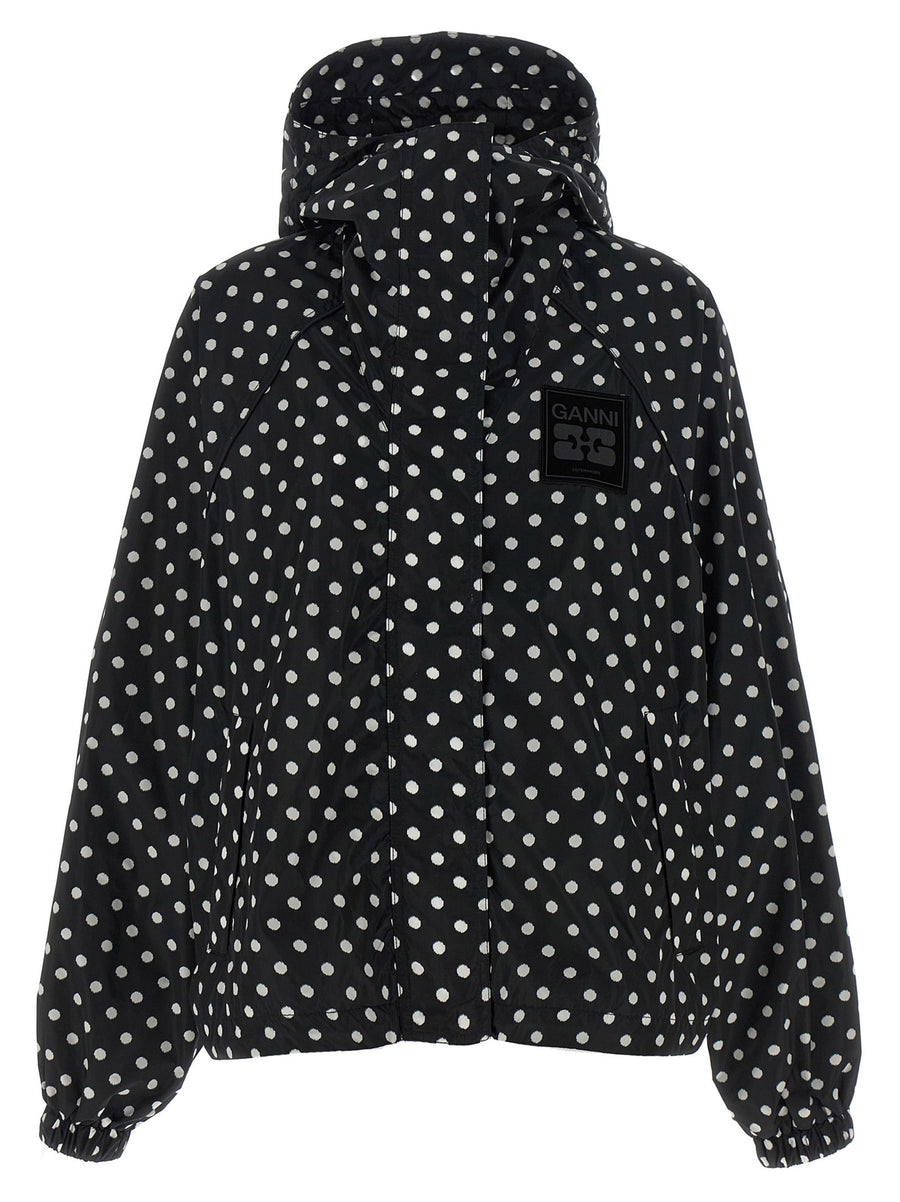 Ganni Polka Dot Anorak For Women Wardrobe Essential Lightweight Recycled Nylon Windbreaker With Hood And Pockets