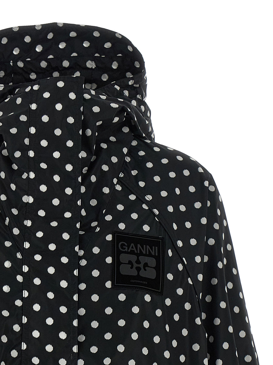 Ganni Polka Dot Anorak For Women Wardrobe Essential Lightweight Recycled Nylon Windbreaker With Hood And Pockets