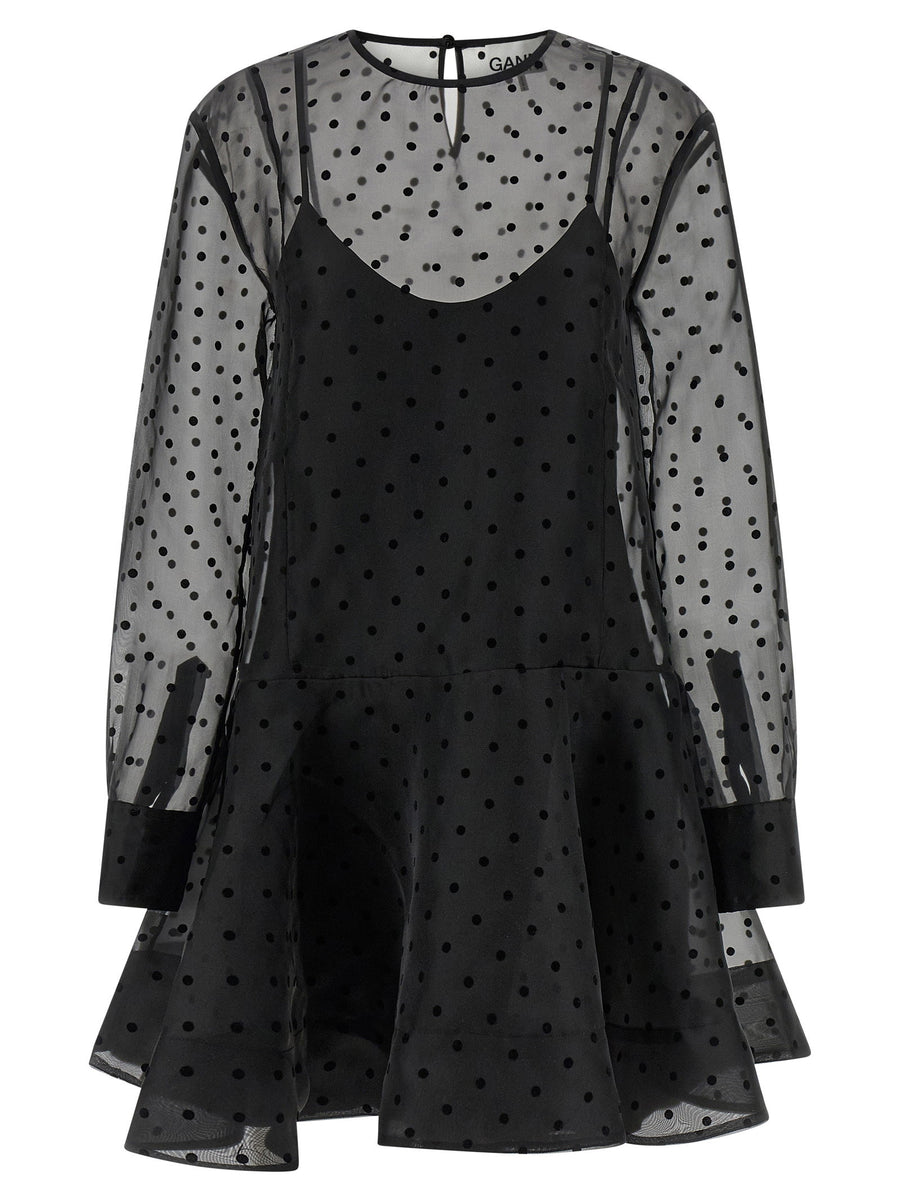 Ganni Organza Circle Collar Dress For Women Eco Luxury Black Semi Transparent Polka Dot Texture Minidress