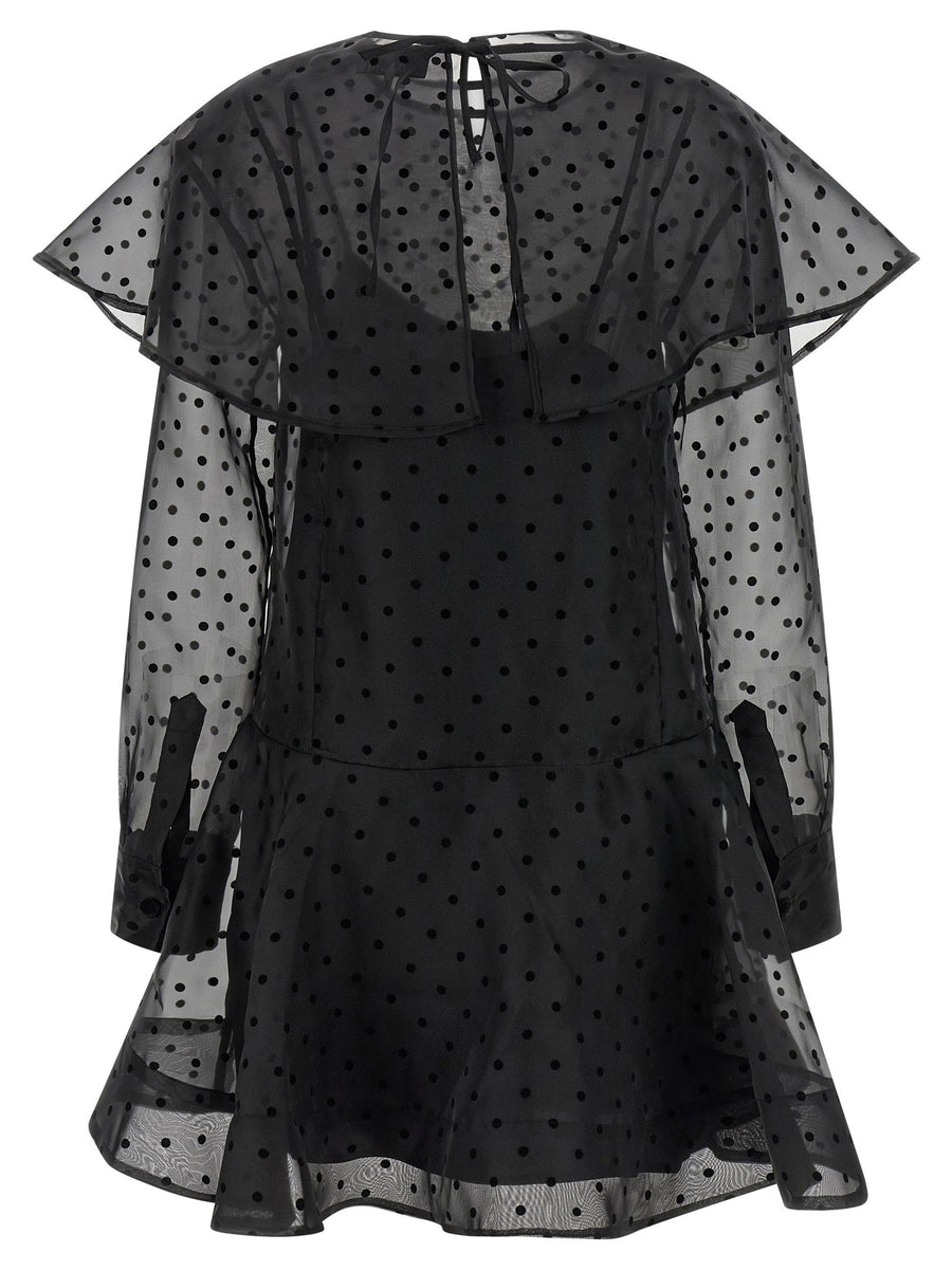 Ganni Organza Circle Collar Dress For Women Eco Luxury Black Semi Transparent Polka Dot Texture Minidress