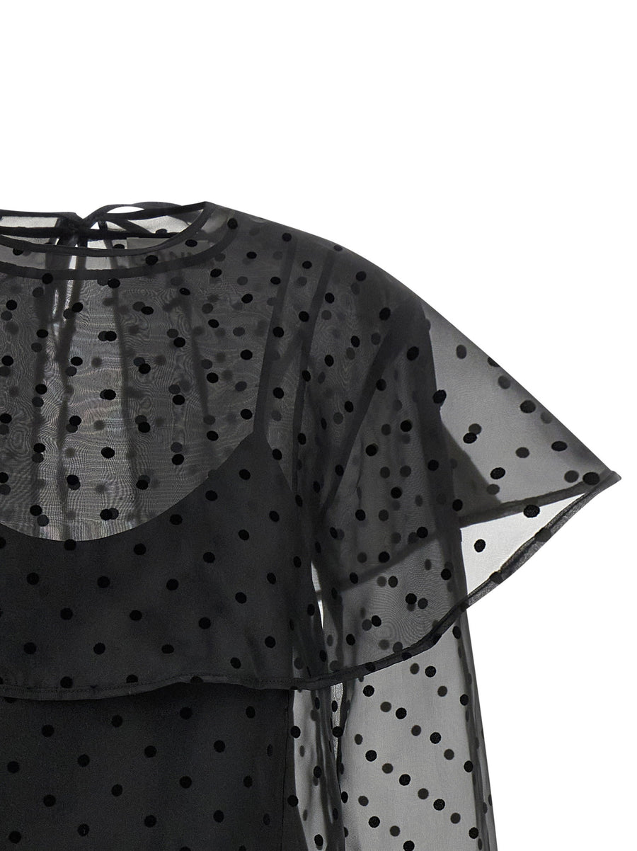 Ganni Organza Circle Collar Dress For Women Eco Luxury Black Semi Transparent Polka Dot Texture Minidress