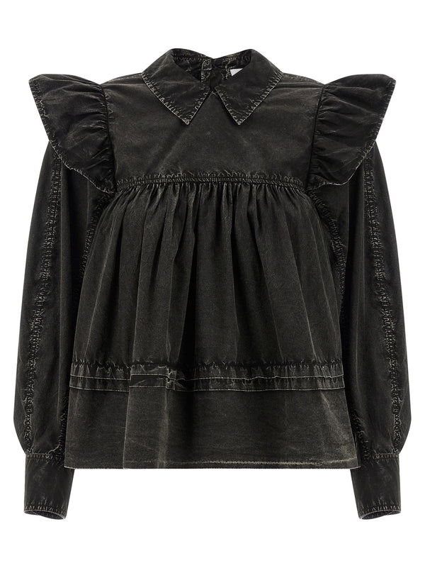 Ganni Black Washed Frill Blouse