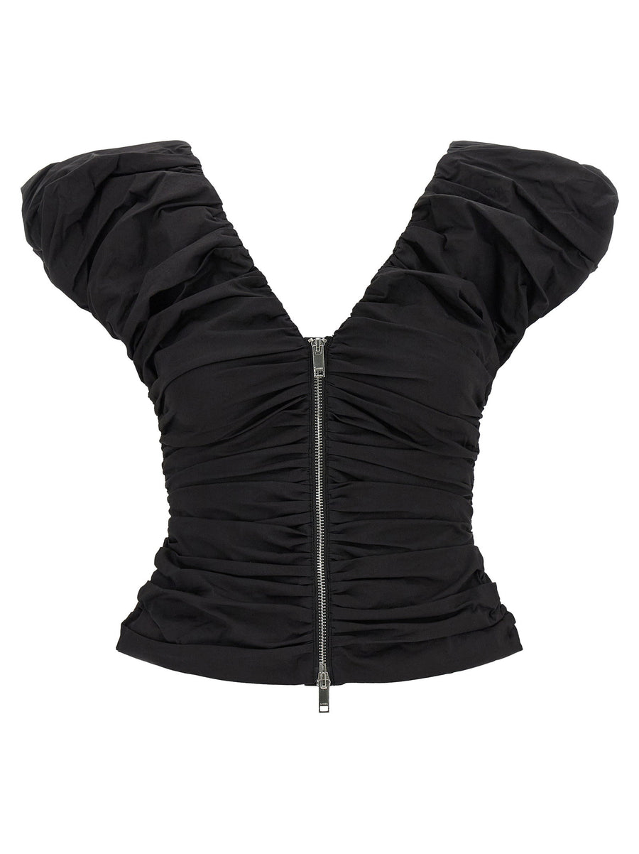 Ganni Black Ruched Top With V Neck Front Zip Closure Fluffy Shoulder Straps