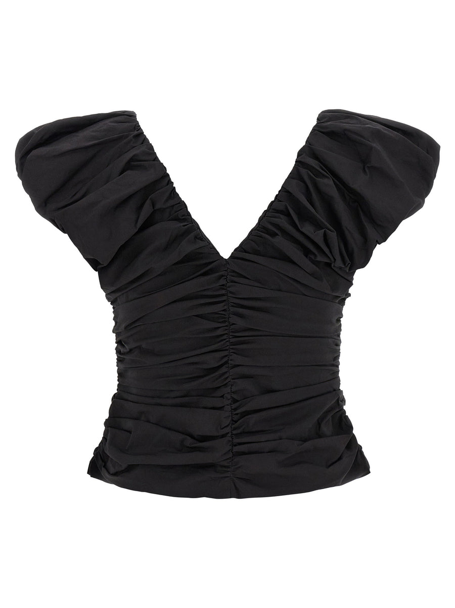 Ganni Black Ruched Top With V Neck Front Zip Closure Fluffy Shoulder Straps