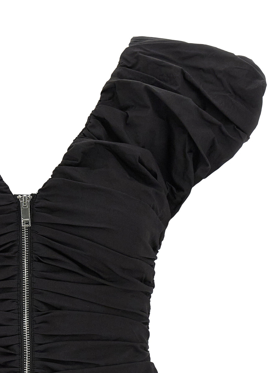 Ganni Black Ruched Top With V Neck Front Zip Closure Fluffy Shoulder Straps