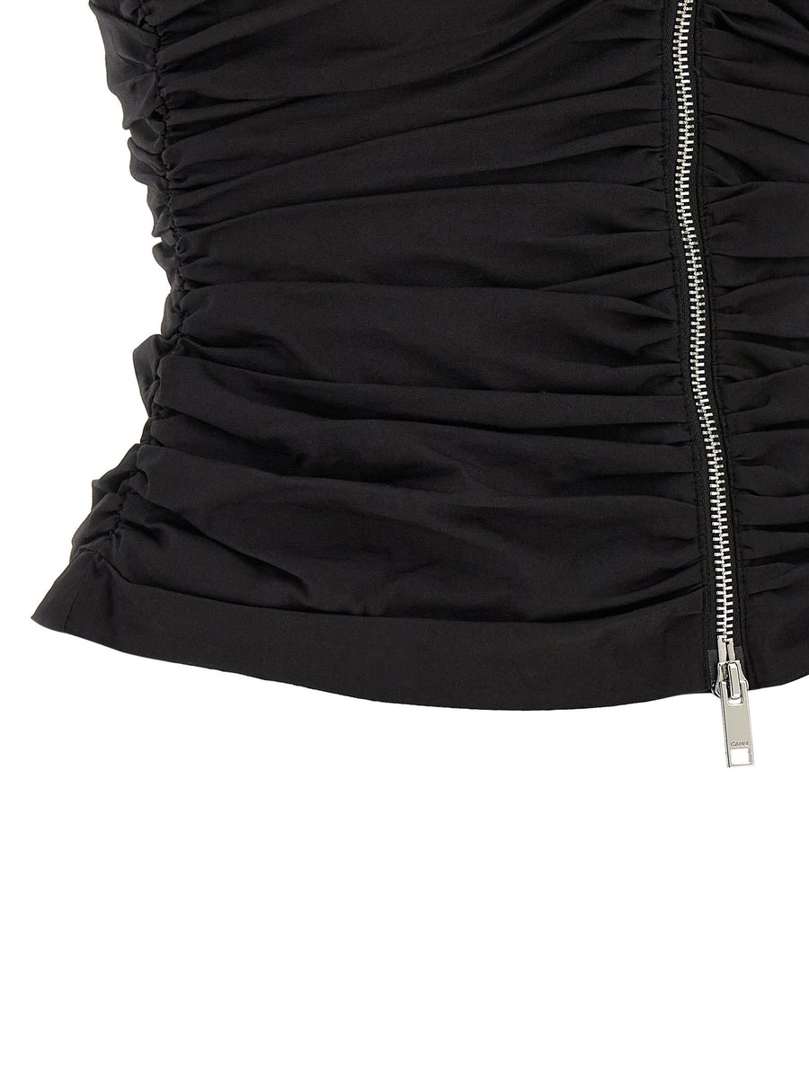 Ganni Black Ruched Top With V Neck Front Zip Closure Fluffy Shoulder Straps