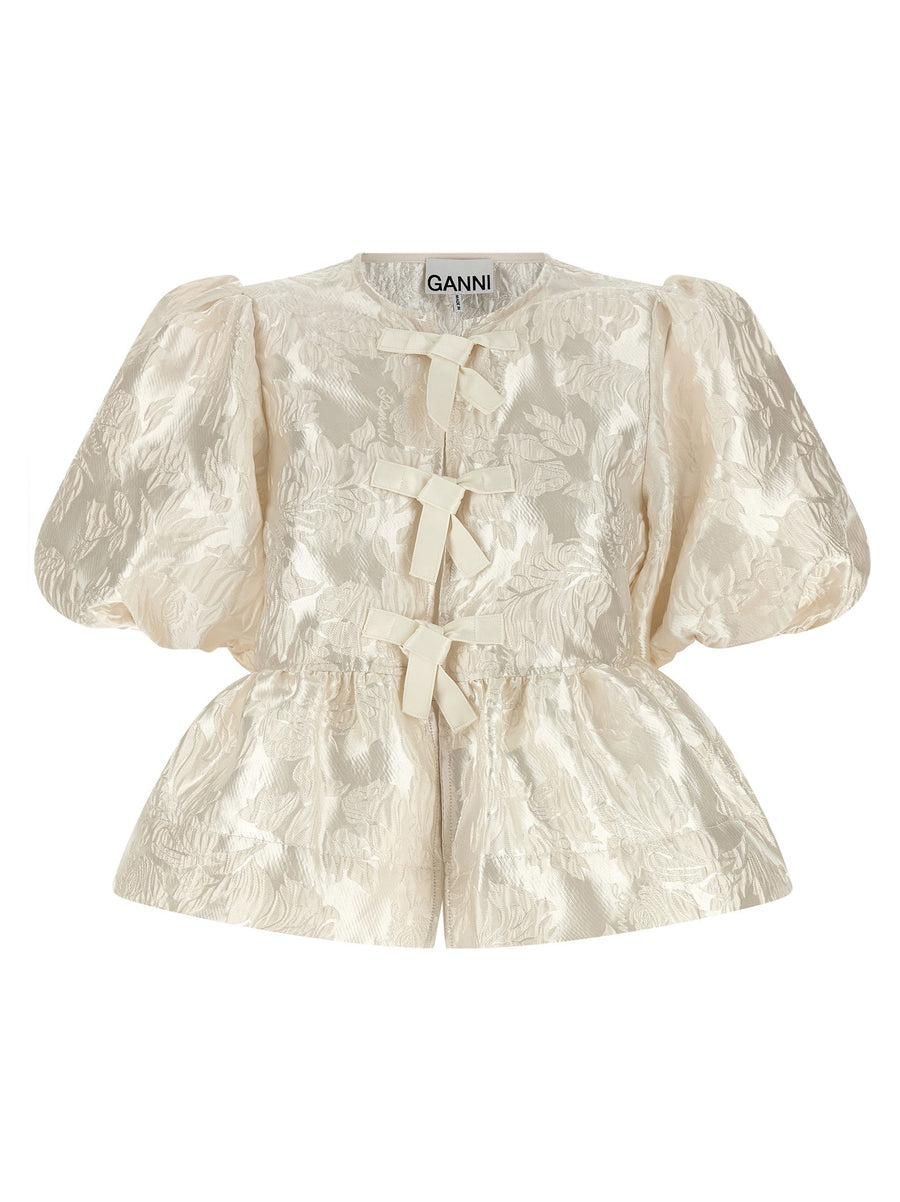 Ganni Satin Peplum Jacquard Blouse White Polyester Blend Crew Neck